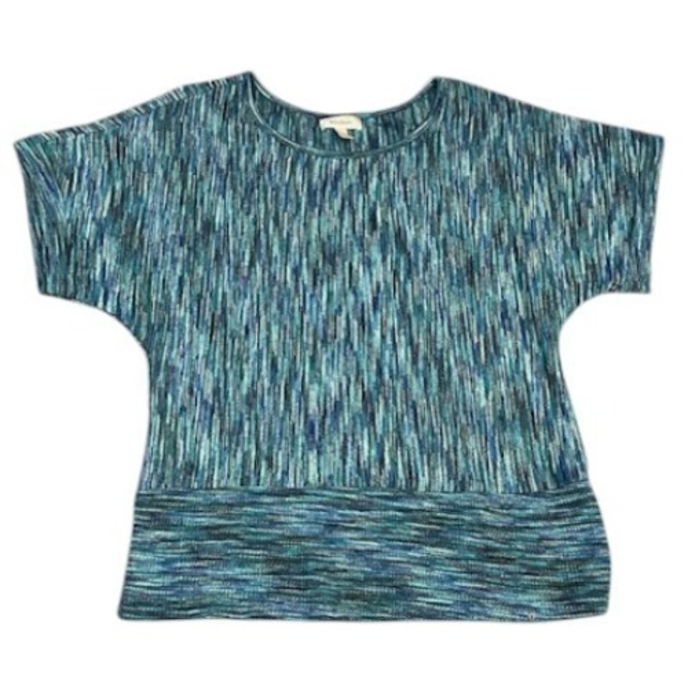 Dressbarn XL Vintage Knit Blouse Blue Green Striped Short Sleeve Boho Casual